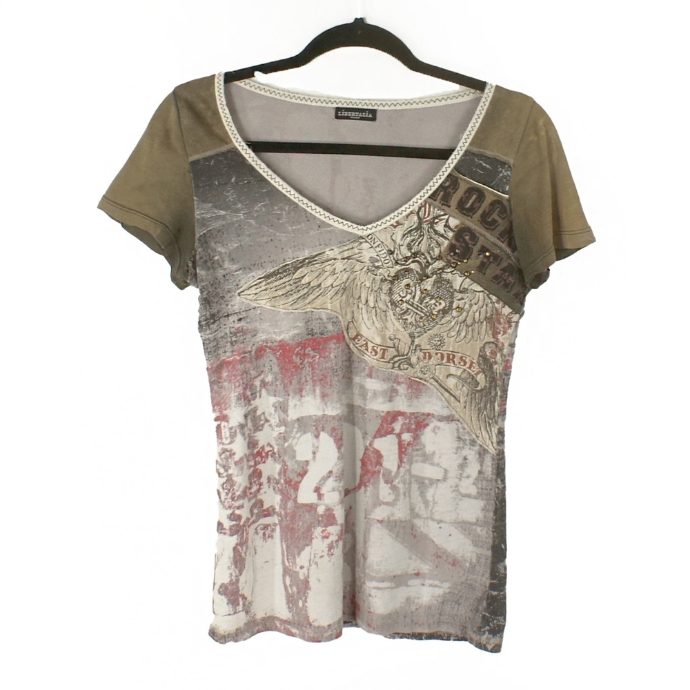 Vintage 90s Y2K V Neck Grunge Western Collage Distressed Short Sleeve Shirt Top